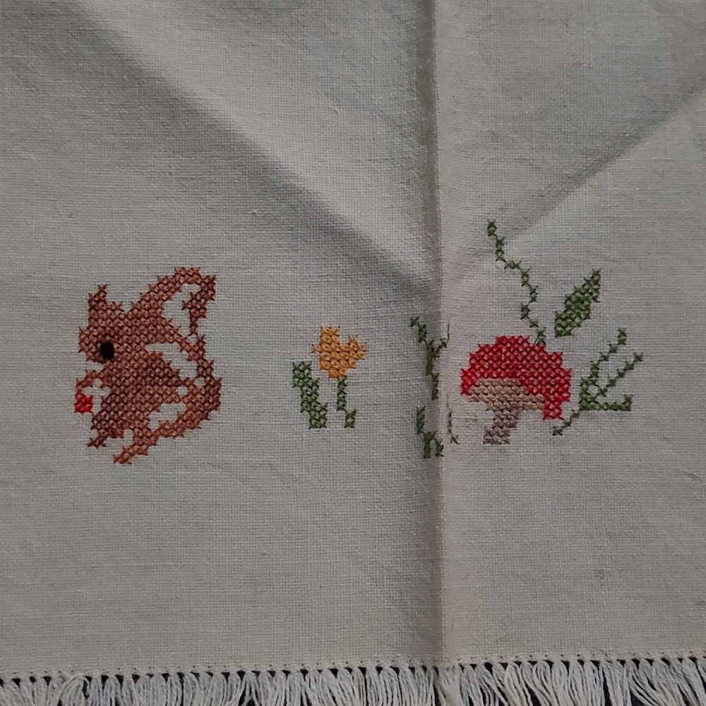 Vintage Tray Cloth Embroidery Chipmucks&Mushroom with fringe 13in.Hx19in.W. - Picture 2 of 6